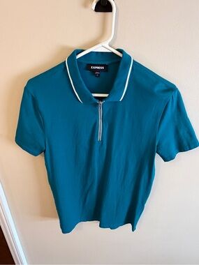 Express Men’s Teal Zip-Front Polo with White Piping
